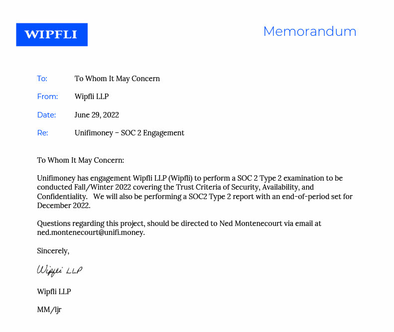 Memorandum from Wipfli LLP regarding SOC 2 engagement