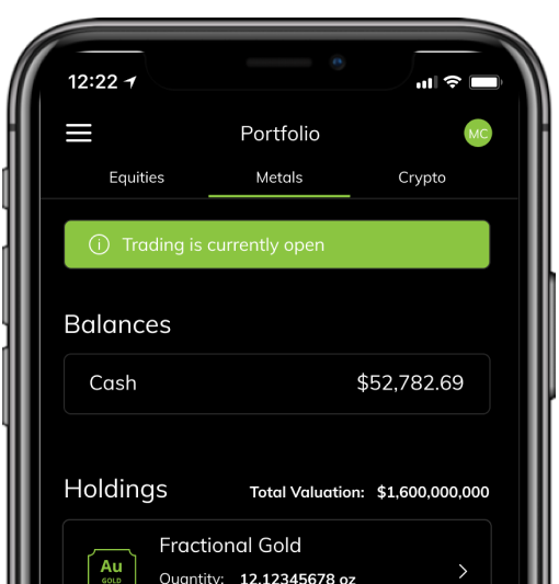 Iphone showing Metals Portfolio from Unifimoney app