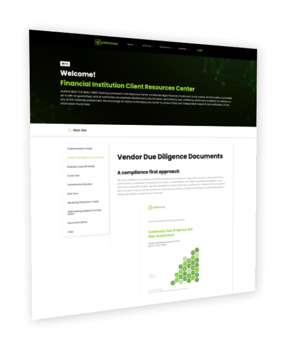 Unifimoney's Financial Institution client resource dashboard